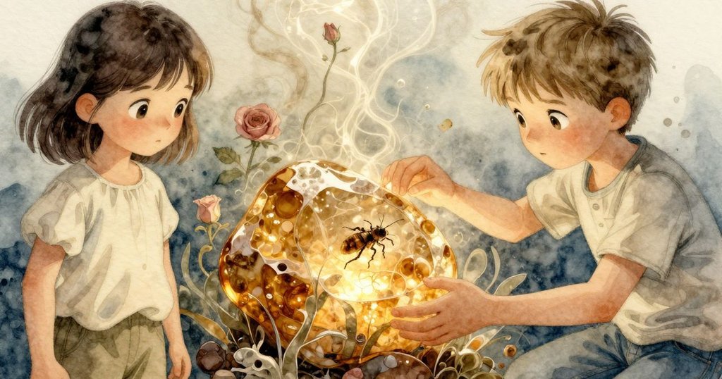 琥珀石特寫呈現內部懸浮一隻折翼昆蟲，晶亮質感如同水下世界，光影交錯顯示神秘細節。