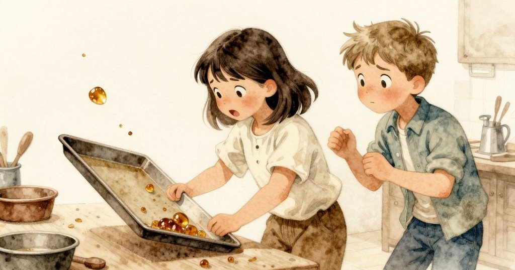 維塔不慎碰觸托盤，琥珀石驟然掉落，喬納斯與維塔表情緊張，工作坊內氣氛瞬間變得凝重。