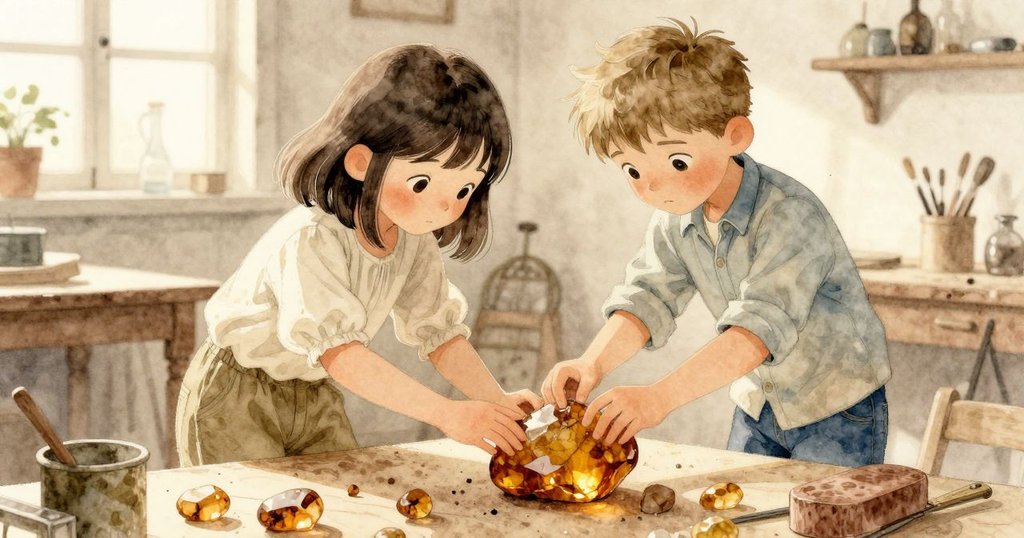 午後光線灑滿工作坊，維塔與喬納斯攜手穩放琥珀石，臉上展現默契與希望，室內明亮溫馨。