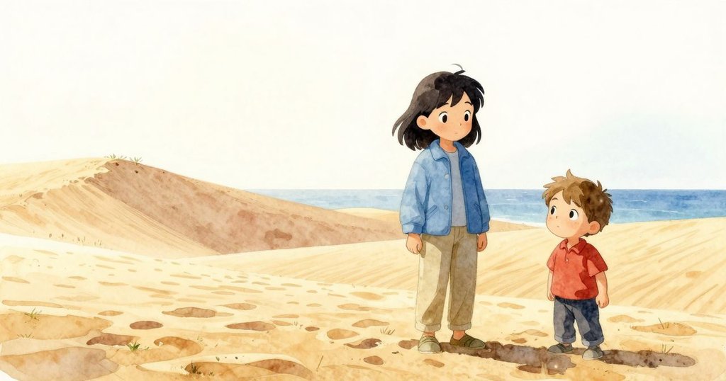 哈麗特站在沙丘前望著賽勒斯彎腰拾取木棒，風中沙粒飛揚，晨光溫暖灑落沙脊，展現故事開端的期待。