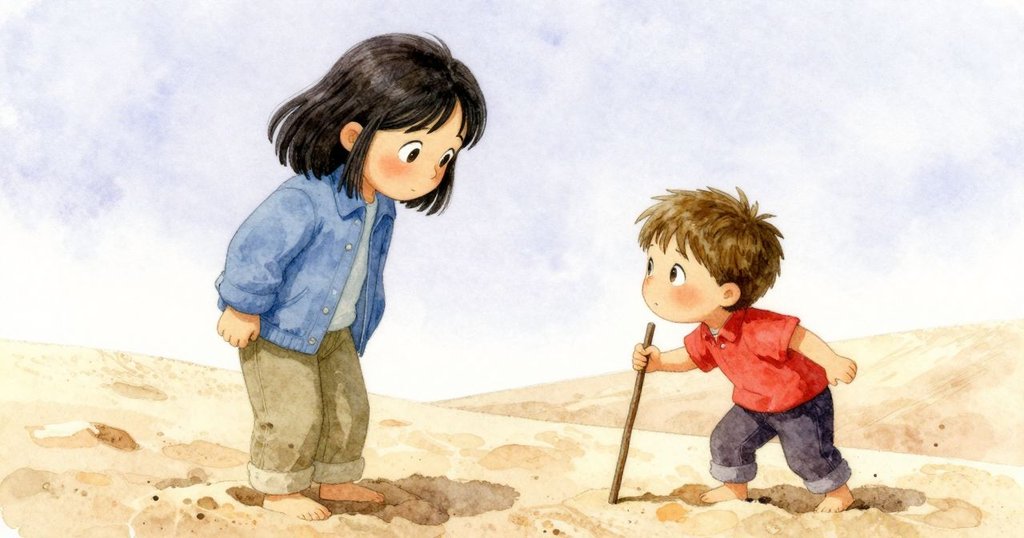 哈麗特將木棒穩置在沙丘上，其斜影分成兩股，展現大自然變幻莫測的節奏與象徵意義。