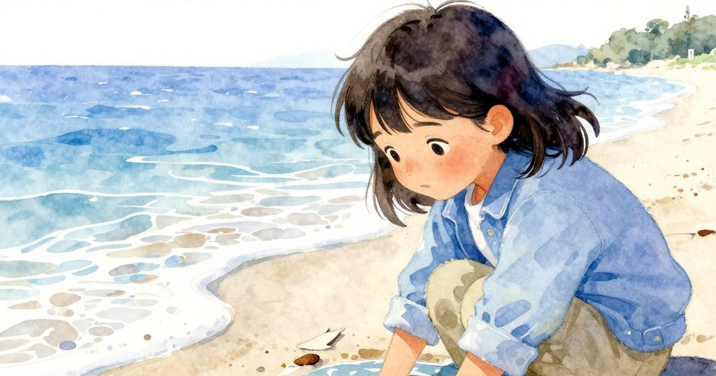 哈麗特蹲下仔細觀察沙上刻的數字，臉龐在淺水中映出思索與疑惑，展現內心矛盾的瞬間。