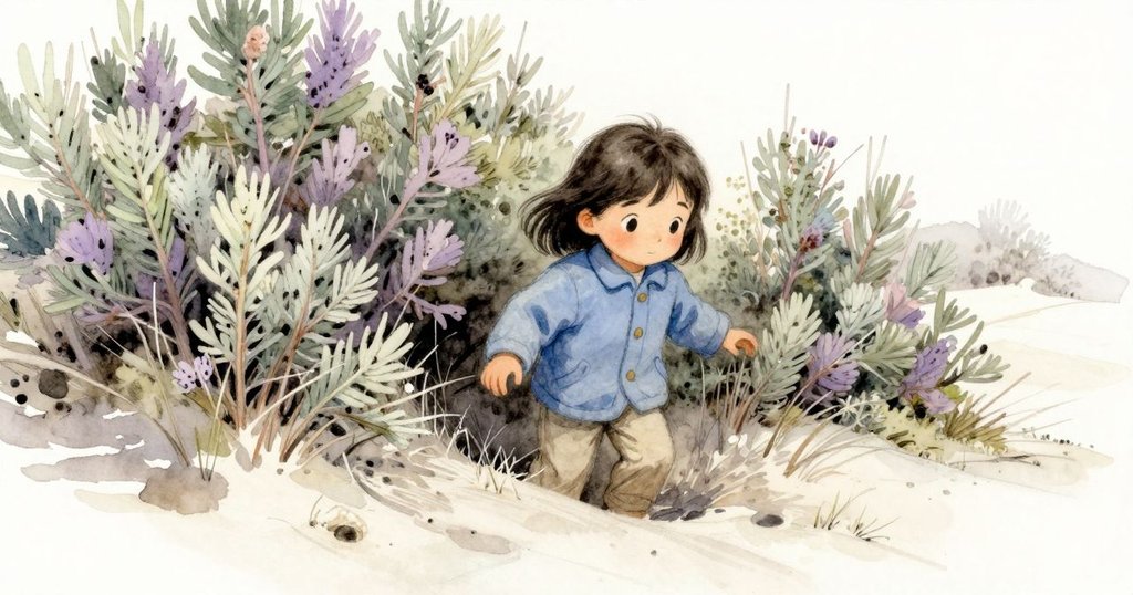 哈麗特走進隱秘的沙丘角落，周圍鼠尾草搖曳低語，光影交錯中展現出大自然神秘的秘密。