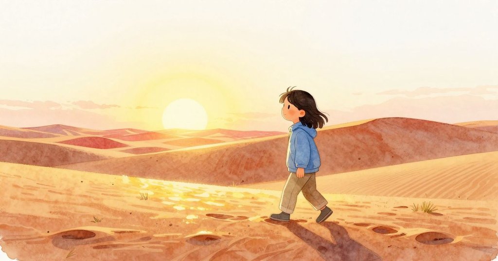 哈麗特在夕陽餘暉中走離沙丘，金色光芒灑滿層疊沙丘，留下逐漸消逝的足跡，訴說著溫暖的告別。