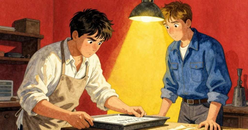 肯特低角度望向燈光，表情驚訝且沉思，托盤隱約顯出字母，神秘光影交錯呈現