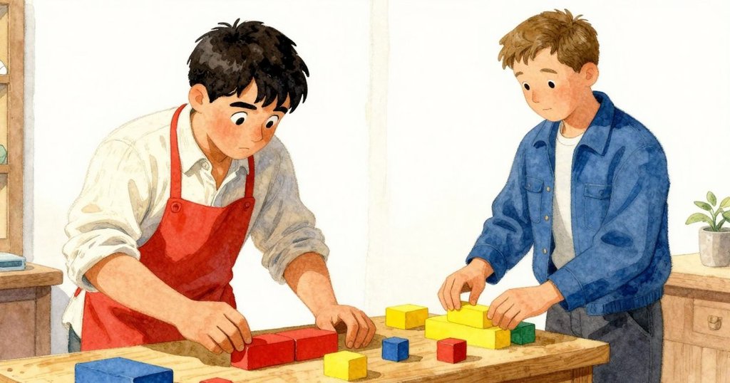 弗農在工作室角落整理木製拼塊，手法細緻而有序，溫暖光線下營造平靜工作氛圍