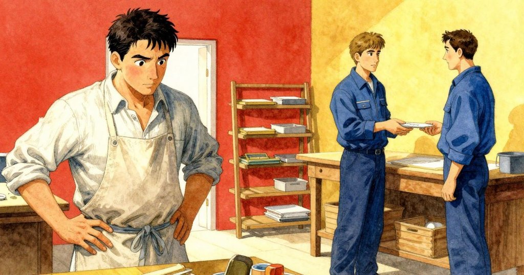 兩位工匠在乾燥架旁交流默契，托盤上隱現字母在曖光中微亮，流露出理解與和諧的情感