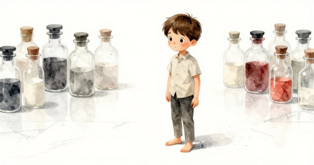 格里豐輕步走在大理石地板上，腳步留下細微光影，周圍排列著不同色調小瓶，神情專注而沉穩