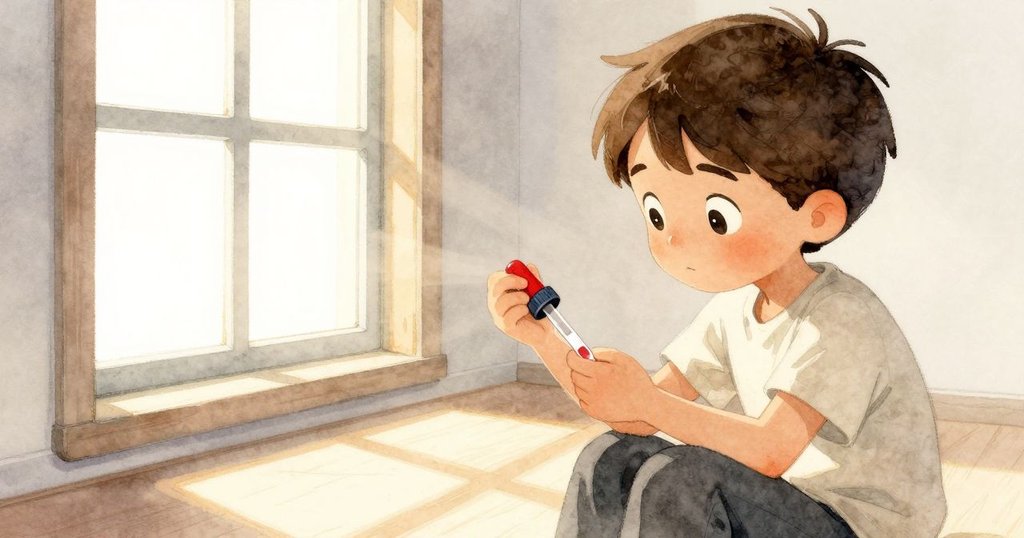 格里豐於窗邊停下，金色陽光穿透窗戶照在pipette與試紙上，神情專注，內室流露溫暖光輝