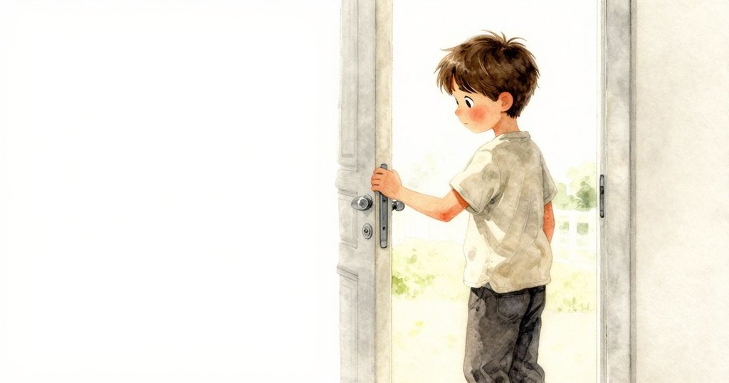 格里豐輕輕關上門，室內溫暖光影與戶外自然光交錯，步向新環境，臉上流露著淡淡思索