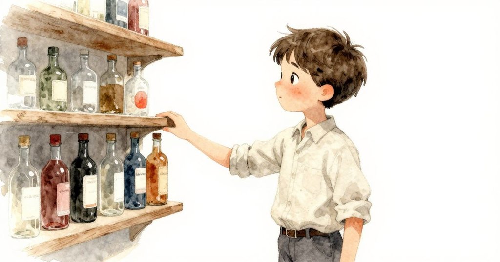 格里豐動作柔和地移開瓶子，顯露出架上淡淡痕跡，空氣中彷彿浮現細微香氣軌跡，神情專注