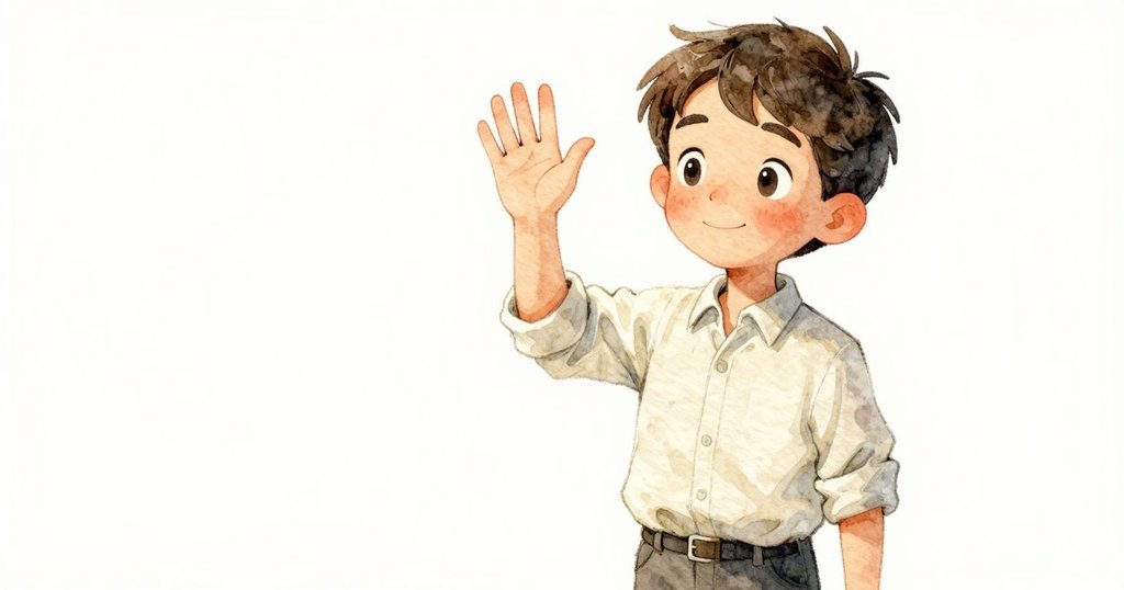 格里豐微笑著揮手告別，溫暖柔光下臉上映出深情眷戀，房間背景漸模糊，傳達離別又期待新生的情感