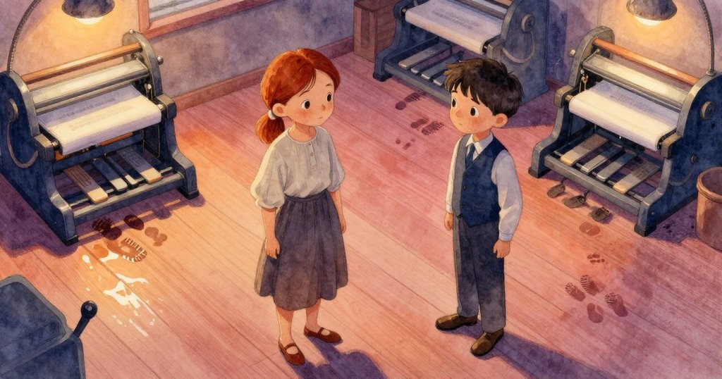 塞勒妮使用抹布處理濕腳印，塞德里克在旁觀察，印刷房間從鳥瞰角度展現溫暖燈光與木質地板