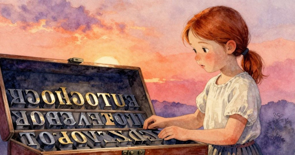 塞勒妮輕提倒印字母，古舊金屬活字於木盒中呈現質感細節，柔和燈光映出歷史痕跡