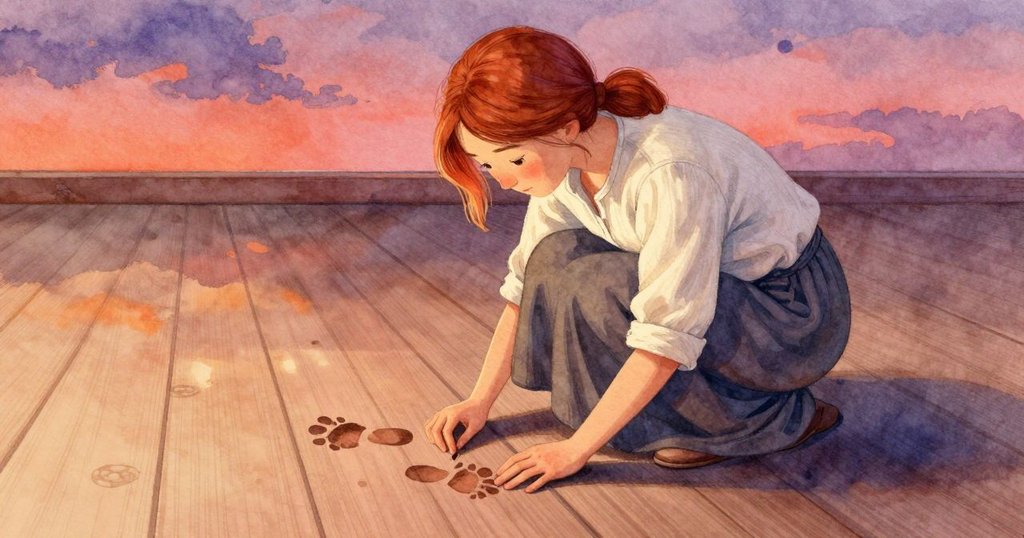 塞勒妮蹲下仔細觸摸濕腳印，燈光融合涼意，展現她好奇且謹慎探查印記的動作