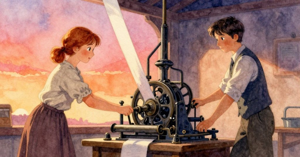 塞勒妮拉動印刷杠桿，紙張隨之飄揚上升，塞德里克靜觀動作，畫面充滿流動韻律