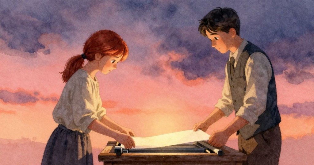 塞德里克展開新紙張，燈光溫暖映照雙手，塞勒妮與塞德里克共享安靜成就時刻，場景溫馨平靜