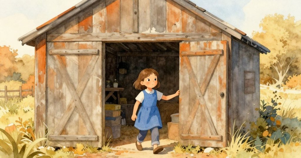 Olwen走向木棚入口, 早晨暖陽灑落, 表情期待, 戶外環境靜謐, 充滿新奇氣息。