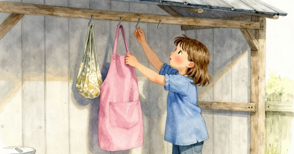 Olwen伸手取下掛著的包裹, 仔細檢查, 背景中隱約可見靜默的齒輪, 室內光線柔和且靜謐。