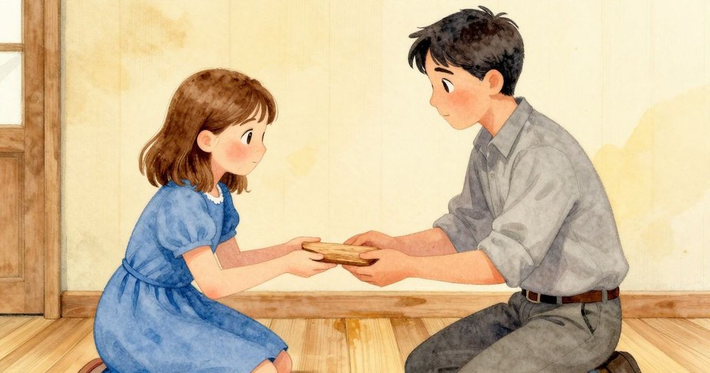 Trent跪下遞上雪松夾板, Olwen接過時目光中流露感激, 木棚內部燈光溫暖, 表情傳達默契與解決。