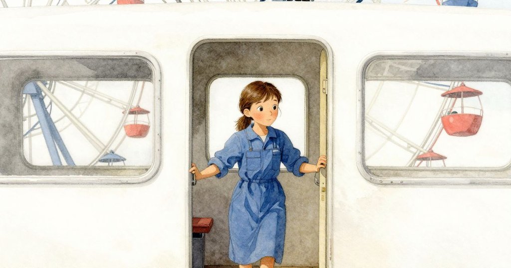 Flora走進摩天輪吊艙，藍圖在手，神情堅定，室內光線柔和，門外展現廣闊天空