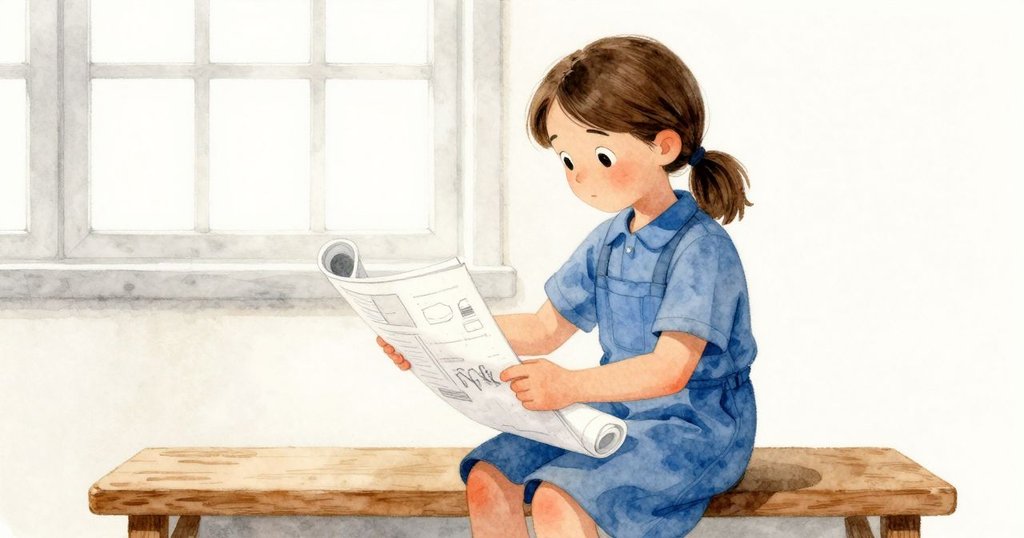 Flora在吊艙內以膝蓋壓住翻飛的藍圖，神情專注，柔和光線透過窗戶灑入室內