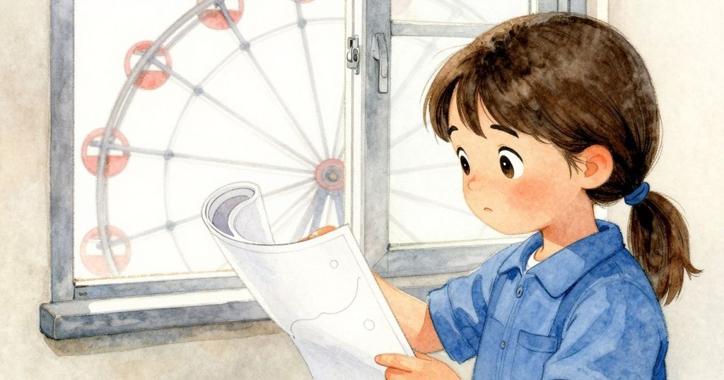 從Flora的視角看見藍圖細節與摩天輪輪輻，線條精細，窗外景色與紙上曲線相映成趣