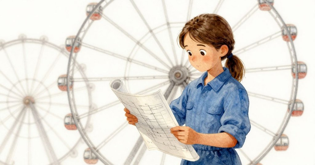 Flora在調整藍圖時，藍圖與摩天輪弧線交融成超現實幾何圖案，燈光暖黃，角度充滿動感