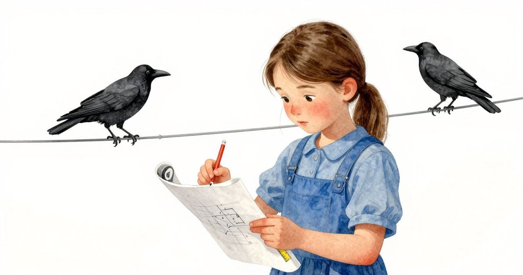 Flora正用捲尺和筆記本記錄數據，烏鴉在電纜上輕步而來，場景細膩而自然