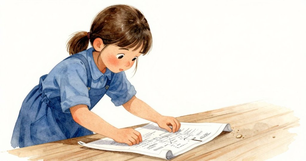 Flora在下降中的吊艙裡，安靜地整理藍圖，目光深思，地板上的黑麥餅屑在溫暖燈光下閃爍