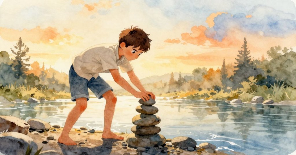 Sam站在河邊，剪影中操作松木楔穩固石堆，背景明亮，神情專注並充滿決心，展現大自然清晨的美好。