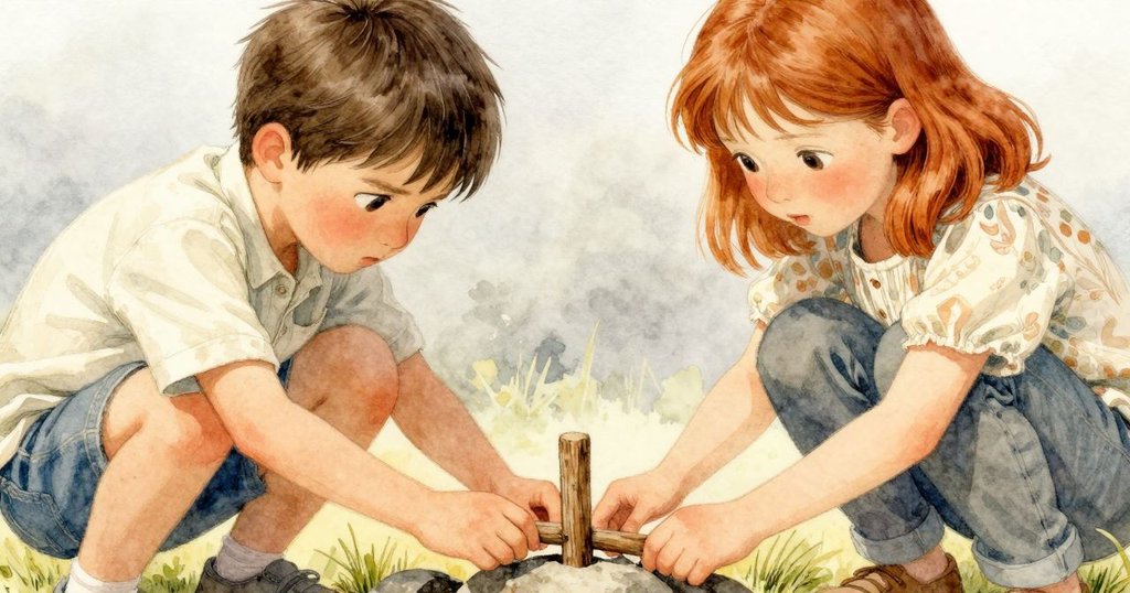 Sam的手在近拍中精心調整松木楔，觸碰石塊微妙紋理，表現出專注細膩的動作，背景呈現柔和光影。