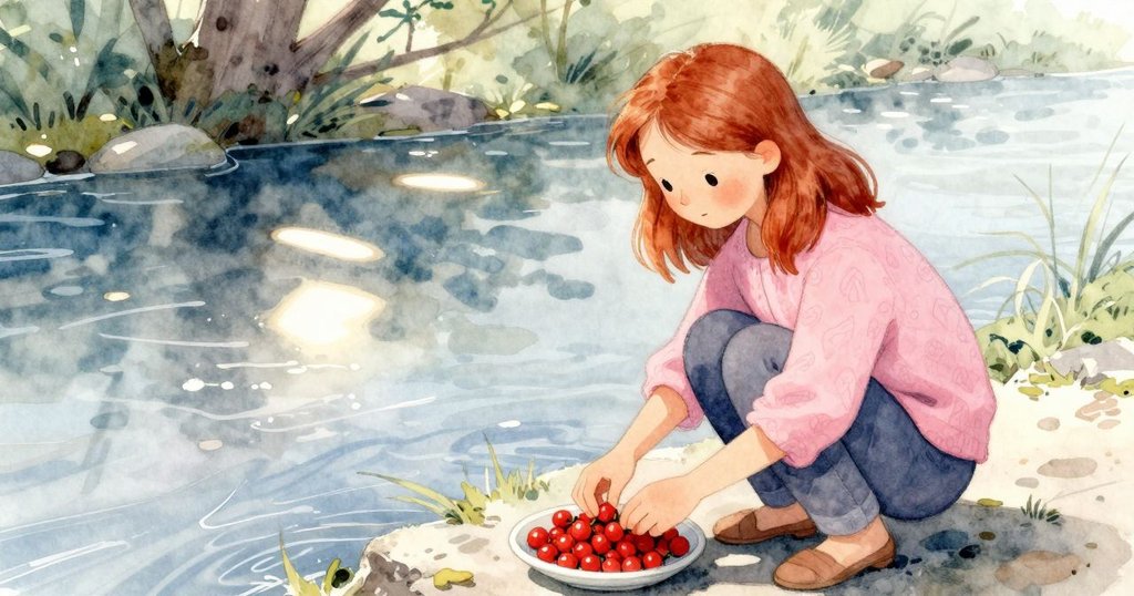 Freya蹲在河邊，透過樹葉縫隙觀察，精心排列紅色漿果於小瓷盤中，神情溫柔而專注，呈現自然隱秘之美。
