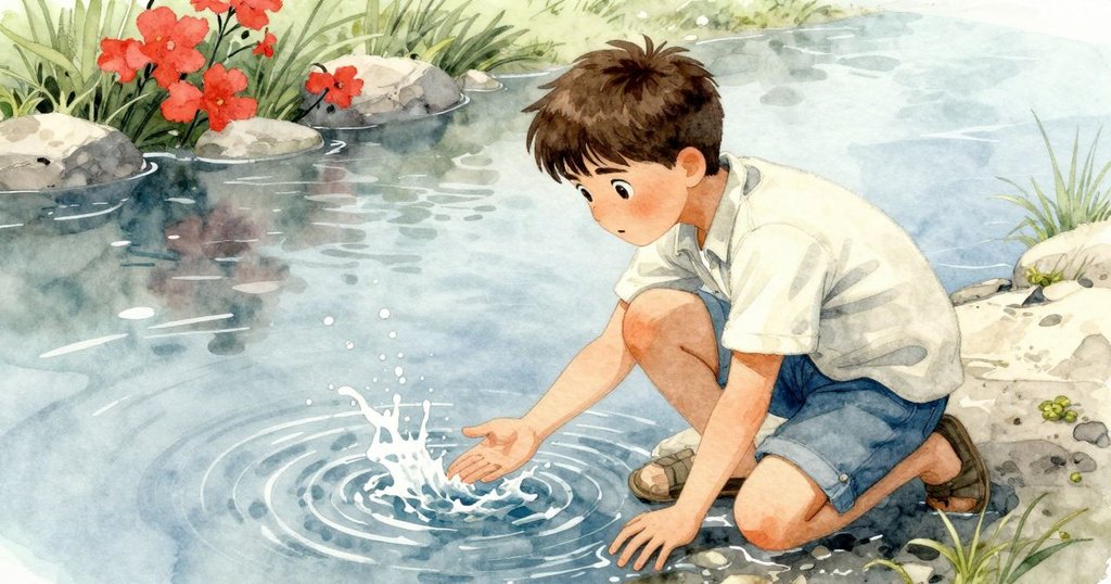 Sam蹲在河邊，注視因落石激起的水面漣漪，背景顯示魚兒一閃而過，心情深思而平靜，環境和諧。