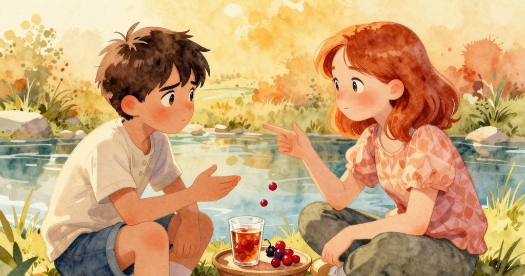 Sam與Freya在河邊互動，Freya遞上漿果盤，Sam輕敲錫杯回應，兩人臉上充滿親切笑容，陽光溫暖。