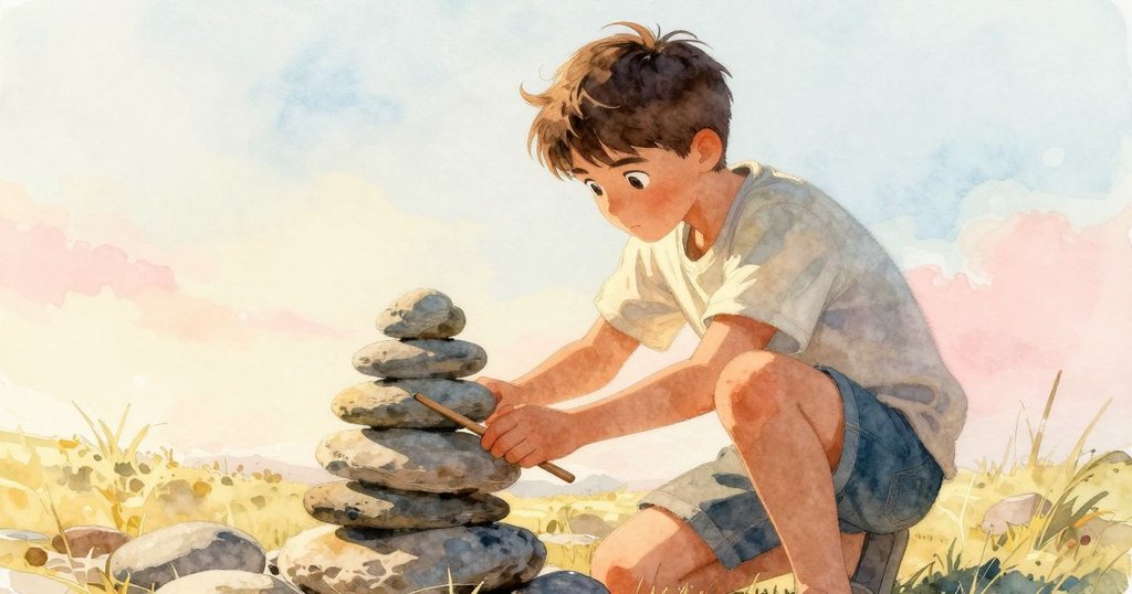 Sam站在石堆前靜思，用拇指輕拂染有漿果痕跡的松木楔，夕陽餘暉下神情含蓄，傳遞著寧靜與感慨。