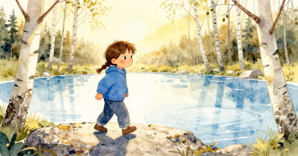 凱拉在晨曦中走向融冰池塘旁的花崗岩石，周圍有樺樹，表情專注期待，柔和陽光映照大自然景觀