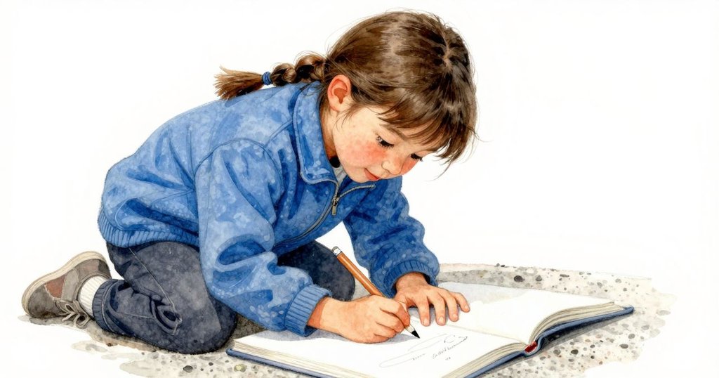 凱拉露出專注神情，手握鉛筆在打開的筆記本上勾勒景色，特寫展示融冰表面細節與水滴