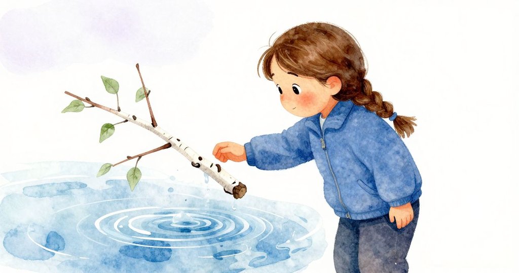 凱拉蹲下觀察樺樹枝輕觸融化的冰面，水中環形漣漪清晰可見，表情專注記錄自然變化