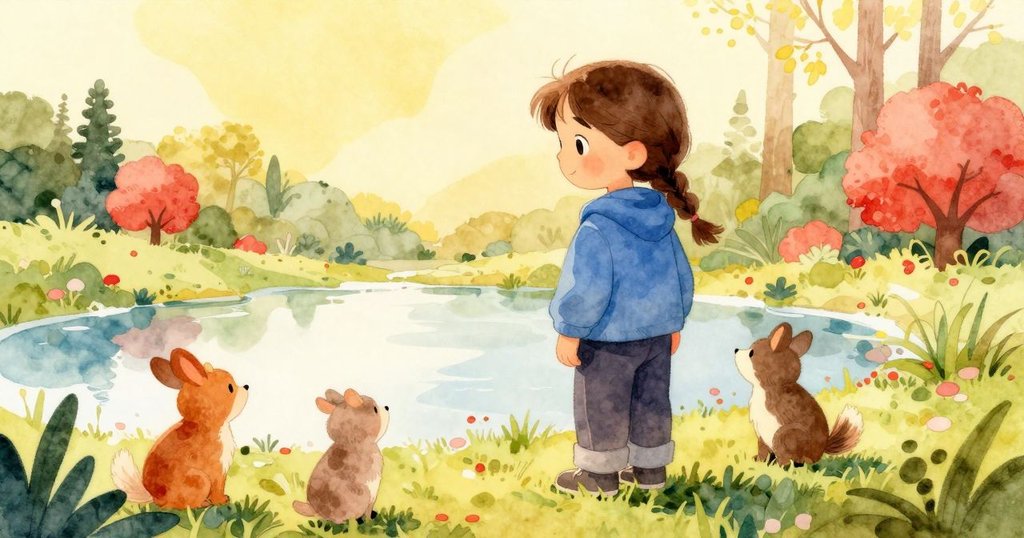 凱拉微笑注視著池塘邊動物們聚集迎接春天，動植物互動和諧，陽光明亮展現自然復甦之美