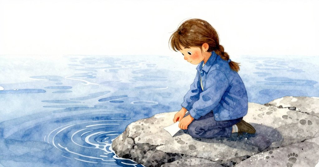 凱拉溫柔地將筆記本收入口袋，留下一串足跡與水中反光環，展現自然瞬息萬變的詩意