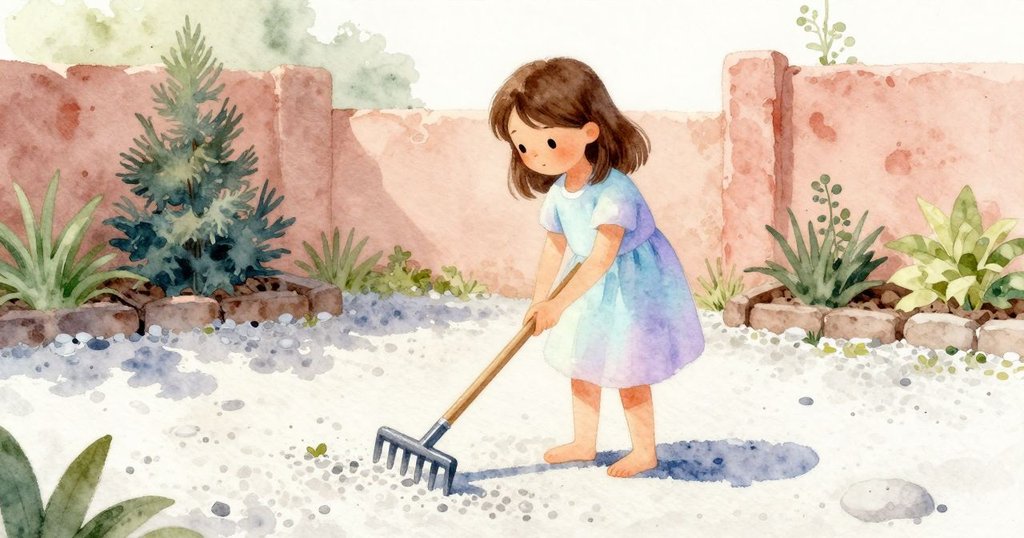 Clara在庭院中輕輕拉動耙子，晨光灑落白色碎石，環境寧靜，展現早晨的平和與動作開始。