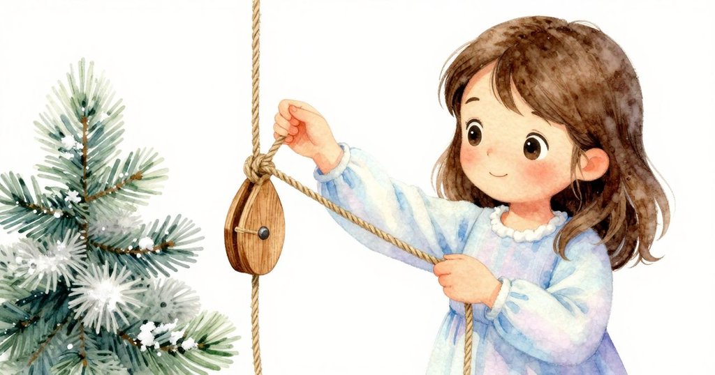 Clara的手細心穿過麻繩於小木框滑輪上，特寫呈現繩材紋理與工序精緻，燈光柔和溫暖。