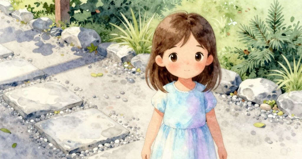 從Clara肩後視角看見庭院中一塊傾斜大石，其斜影破壞碎石幾何之美，展現意外變化。