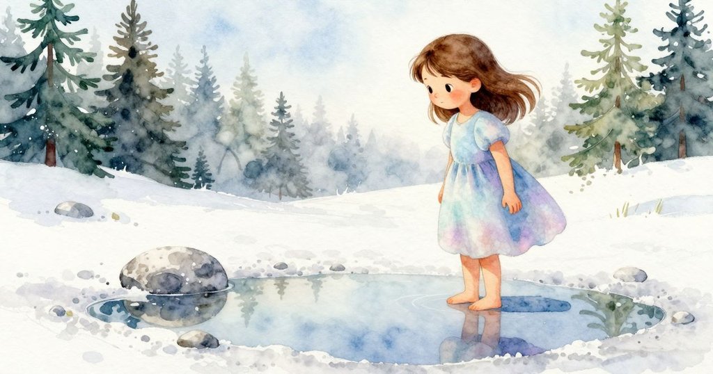 庭院白碎石上淺水倒映出耙柄意外弧線與傾斜石塊，水面微波蕩漾，午後輕柔光線映照。