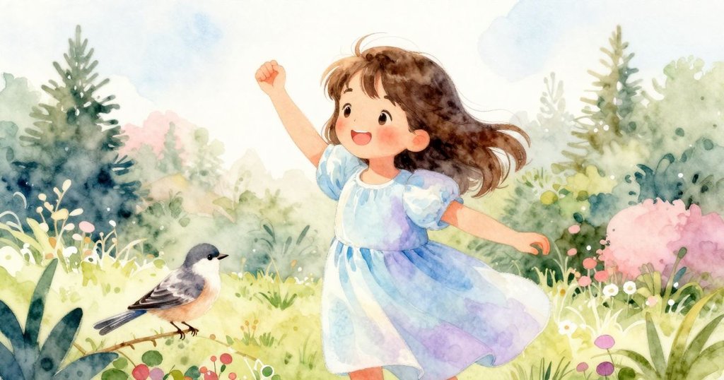 Clara在明亮庭院中展露滿意笑容，小鳥輕飛於籬笆旁，共慶庭園和諧與藝術之美。