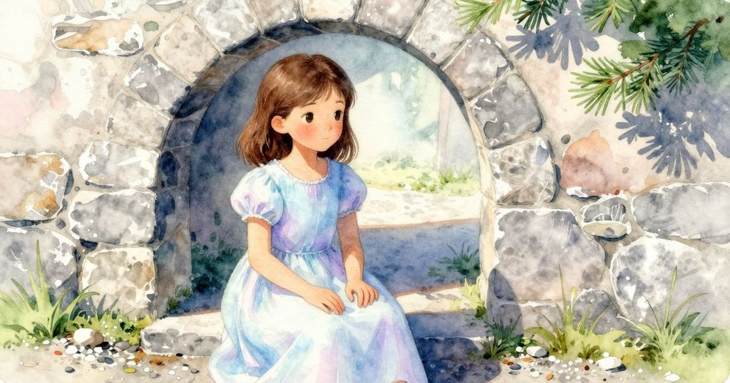 Clara在午後暖光中靜思庭院變化，凝視修復石塊與新弧線，畫面充滿寧靜反省與開放詮釋。