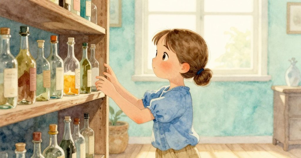 莉莉站在溫暖室內，仔細觀察木製層架上缺瓶塞的瓶子，陽光灑落其上，神情專注