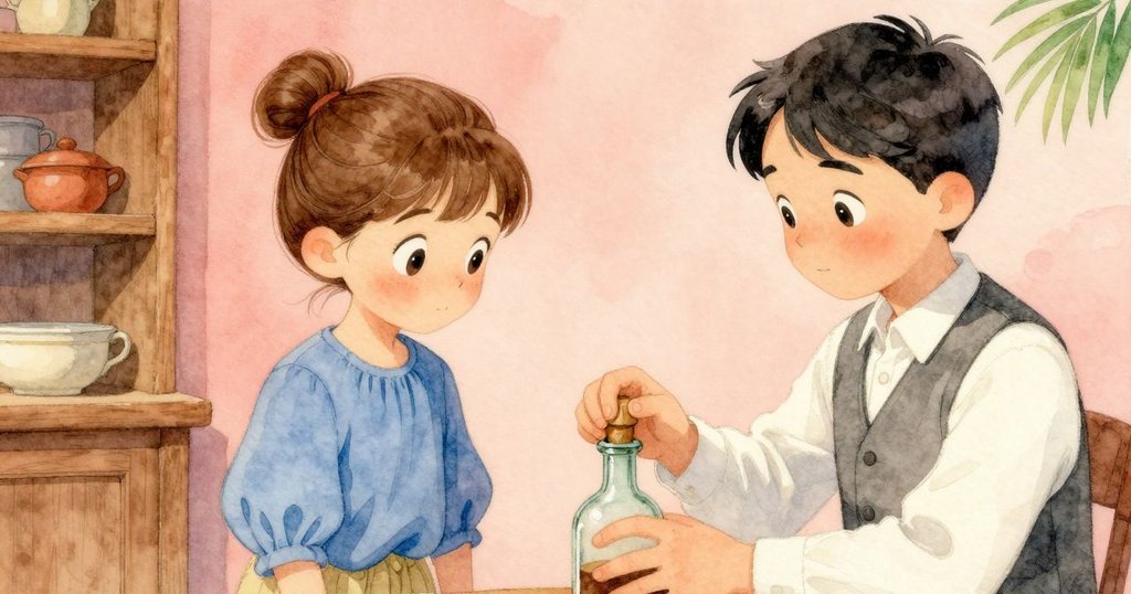 莉莉的手專注轉動瓶塞，特寫呈現古董瓶上裸露木紋與細膩塵埃，暖色光線映照出經年痕跡