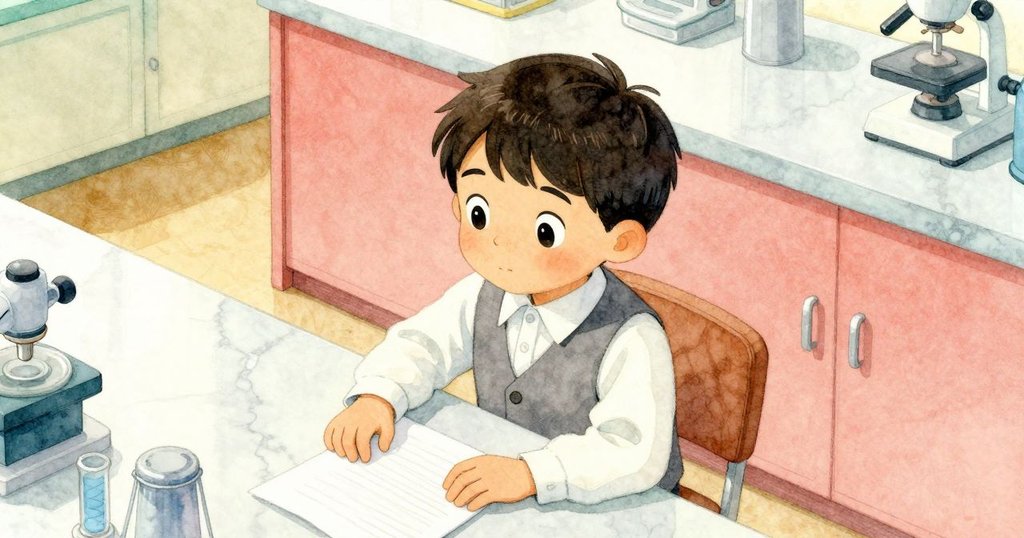 多里安從高角度俯視實驗台，手持筆記本，仔細觀察排列精緻的試劑瓶和試紙，表情專注